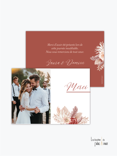 carte de remerciements mariage-pampa-chardon-champêtre -bohème-fleurs séchées-avec photo