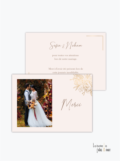 carte de remerciements mariage-avec photo-pivoines-doré-fleurs-or-raffiné-elegant-chic