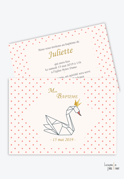 faire part bapteme fille moderne-pas cher-cygne origami-couronne doree-motif croix-sans photo