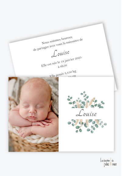 faire part naissance fille moderne-pas cher-multiple photo-eucalyptus-champêtre-pampas-bouquet d'eucalyptus