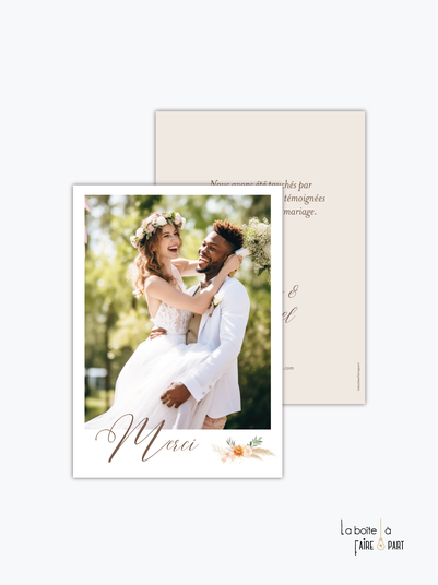 carte de remerciements mariage-pampa-champêtre -bohème-fleurs séchées-avec photo