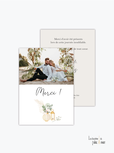 carte de remerciements mariage-pampa-Arche-fleurs-bohème-champêtre-lanterne-voile-mariage laïque-arche en bois-avec photo