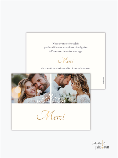 carte de remerciements mariage-2 photos-dentelle-chic-elegant-arabesque