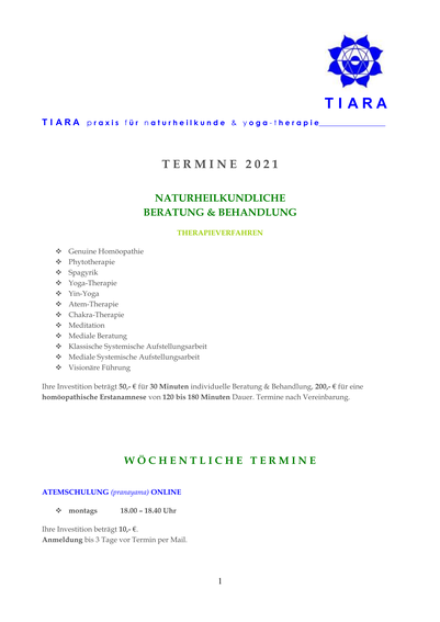 Terminübersicht 2021, TIARA praxis für naturheilkunde & yoga-therapie