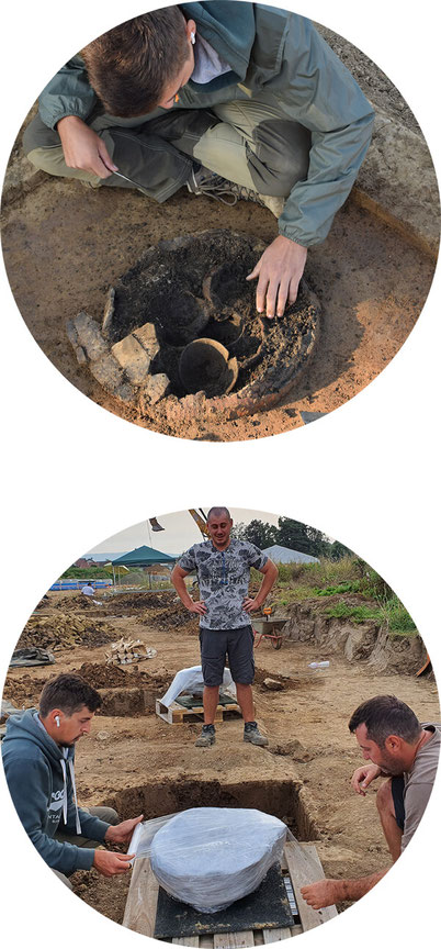 oben im Bild: sorgfältige Ausgrabung einer prähistorischen Urne. Unten im Bild Blockbergung der Urne durch Grabungsfacharbeiter der Grabungsfirma ACS Archäologie GbR