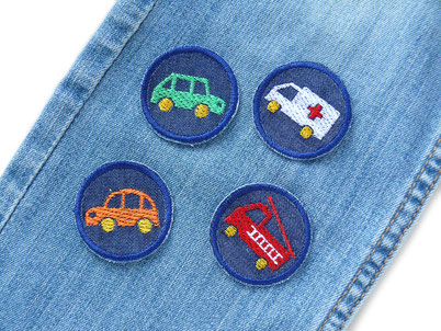 Set Auto Flicken zum aufbügeln, Mini Jeansflicken mit Auto Feuerwehr Krankenwagen, Bügelflicken für Kinder 
