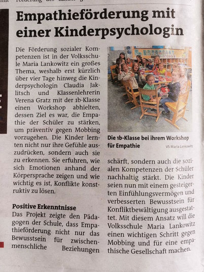 Workshop "Präventiv gegen Mobbing" an der VS Maria Lankowitz mit Claudia Jaklitsch, organisiert vom Verein Schultüte, finanziert von Licht ins Dunkel.