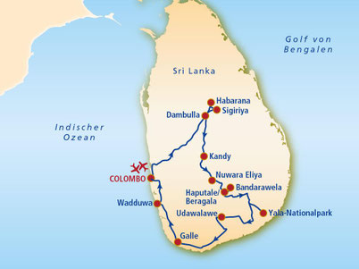 alt="Route der Sri Lanka Rundreise von Sparta-Wave by Sri Lanka Experten Olaf Diroll"