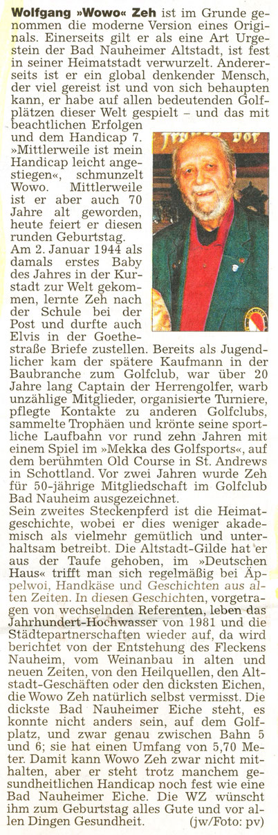 Geburtstagsgruß für Gildemeister Wolfgang Zeh, Wetterauer Zeitung am 02. Januar 2014, Foto: Eberhard Bogdoll