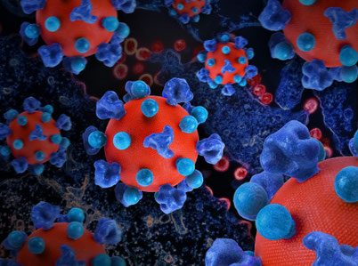 eine Gruppe blauer und roter Kugeln auf einer schwarzen Oberfläche