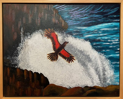 "Red Eagle over the Blowhole" 55cm x 44cm Acrylic on canvas, pinewood frame $350 (excluding freight)