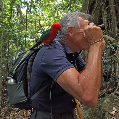 My Deuter Gogo daypack, a parrot, and me, in Lamington National Park