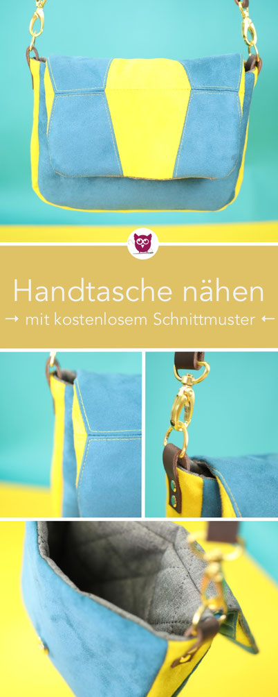 [Werbung] Kleine Handtasche nähen mit kostenlosem Schnittmuster: #handtaschePetrola ist aus buntem Kunstleder als Rauleder in Double-Face mit Stepper als Futter, Lederriemen und Magnetverschluss. Patchwork Klappe mit Sizzix Big Shot. Nähanleitung DIY Eule