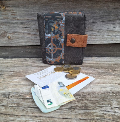 portefeuille original homme, faux cuir gris, tissu avec rouages, style industriel et steampunk, cadeau artisanal pour homme, fait-main en France