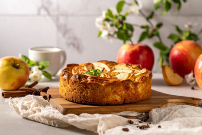 カッティングボードにアップルケーキ。りんごとシナモンスティック。