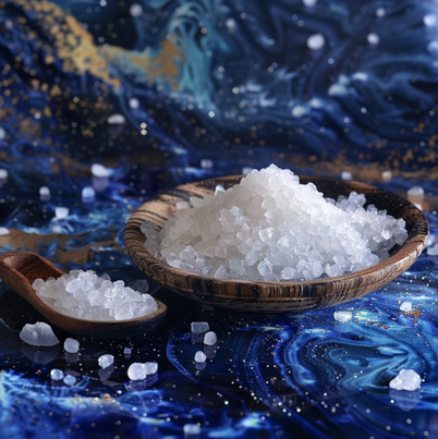 Auf dem Tisch liegt ein mit weißem Meersalz gefüllter Holzlöffel, daneben eine verzierte Schüssel mit noch mehr Salz und anderen kleinen Kristallen, die verstreut sind. Der Hintergrund weist blaue Wassermuster auf, die Galaxien oder Sternen ähneln. 