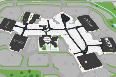 オーランドのフロリダ・モール館内マップ。JCPenney、Dillard's、Macy'sなどの大型デパートやフロリダホテルを併設した広大なショッピングモールで、観光客に人気 (The Florida Mall Orlando floor map with JCPenney, Dillard's, Macy's, and Florida Hotel, one of the largest malls in Central Florida).