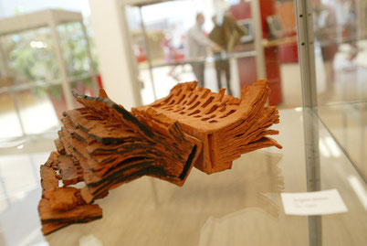 Zerfleddertes Buch aus Ziegel, Ausstellungsobjekt in Vitrine, CvO-Universität Oldenburg. Symbolbild für Vorträge von Laelia Kaderas zum Thema „Die eigene Biografie schreiben“.