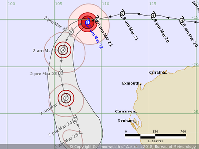 Track map of Tropical Cyclone Marcus 22/03/2018. image from www.bom.gov.au.