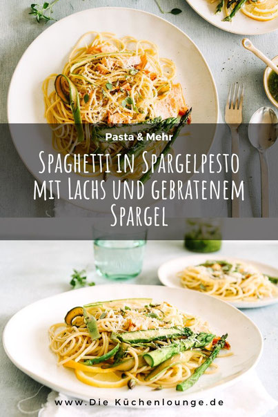 Spaghetti in Spargelpesto mit Lachs und gebratenem Spargel