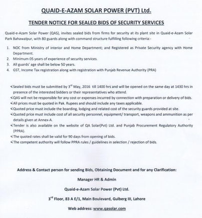 Tender for Security Services valid till 3rd May 2016