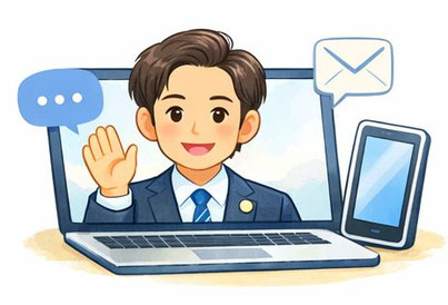 障害年金のオンライン相談を案内するイラスト（Zoom・電話・メール・Microsoft Teams対応）