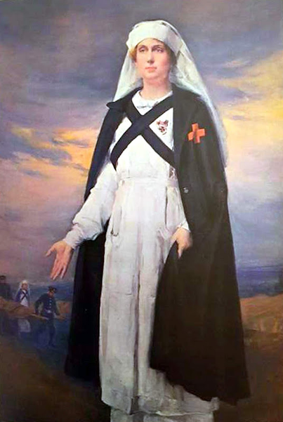 Marceliano Santa María Sedano. La reina Victoria Eugenia con uniforme de la Cruz Roja, 1928.Óleo sobre lienzo.180x135cm. Madrid. Centro de documentación de Cruz Roja Española. La reina fue la principal impulsora del Cuerpo de Damas Enfermeras de Cruz Roja