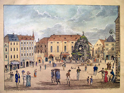 Das Königlich-städtische Nationaltheater am Krautmarkt in Brünn. Kolorierte Lithografie von František Richter. 1827.