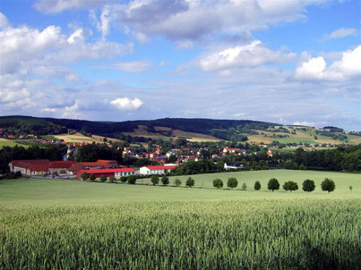 Blick auf Langburkersdorf, im Vordergrund Schloss und Rittergut