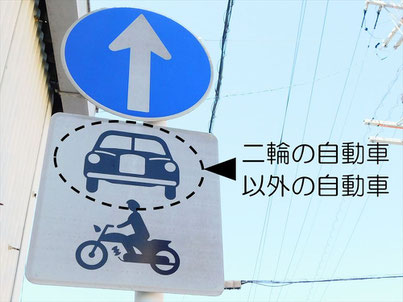二輪の自動車以外の自動車のイラストが表記された補助標識。