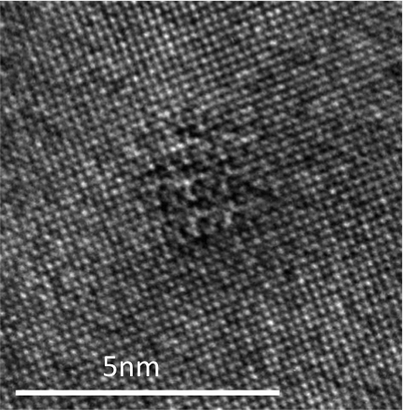 写真　Al-Zn-Mg 合金のGPゾーン。中心の2~3nmの範囲で原子の配置が周辺と異なっているのがわかる。