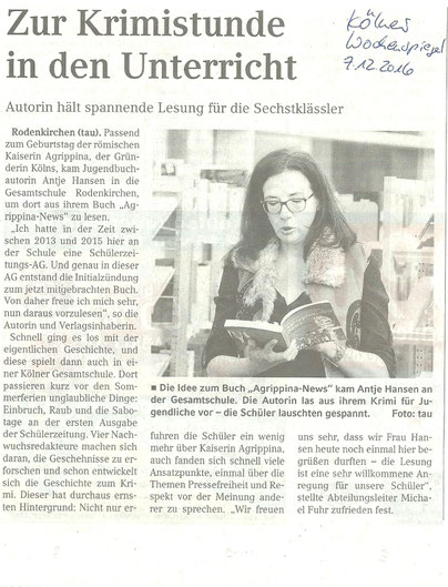 Kölner Wochenspiegel, Autorenlesung Antje Hansen, Agrippina-News in der Gesamtschule Rodenkirchen