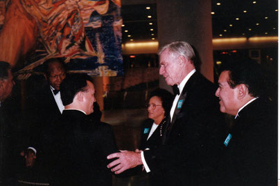 George Yepes with Charlton Heston, and Mayor Tom Bradley, at the unveiling of "The Angel of Hope" at the Los Angeles Convention Center.