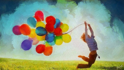 bunte Luftballons die ein Mensch an einer Schnur festhaelt