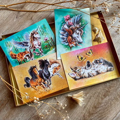 red fox rotfuchs fuchs vulpes Pferde horses unicorn Einhorn Katze cat kitten butterfly tier animal postcard Postkarte set watercolor watercolour painting drawing | Aquarell Zeichnung Gemälde | Sandra Mahn