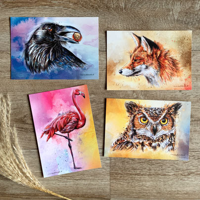 raven corvus corax kolkrabe rabe red fox rotfuchs fuchs vulpes flamingo eagle-owl uhu bubo tier animal postcard Postkarte set watercolor watercolour painting drawing | Aquarell Zeichnung Gemälde | Sandra Mahn