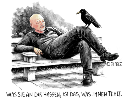 Copyright & Design by Pelz Kreativ 2026 / My home it wherever creativity is. Selbstportrait, Zeichnung, Grafik, Rabe, gelb, schwarz, weiß, sitzen, Gartenbank, Tierfreund, Augen zu, entspannen, Boden, Boots, Pflanzen.
