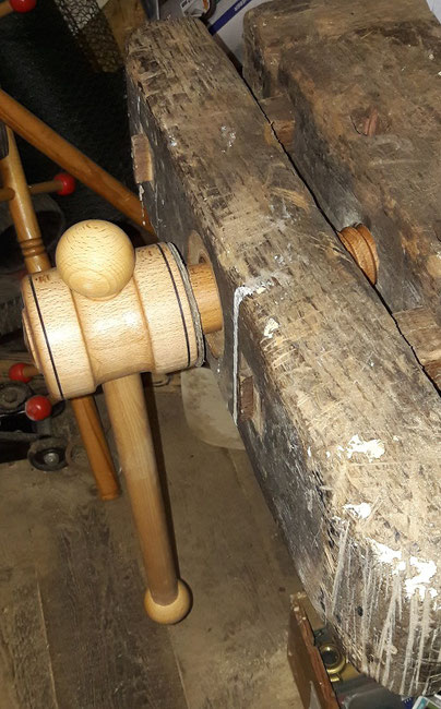 New wooden vise screw for an antique woodworking bench. 