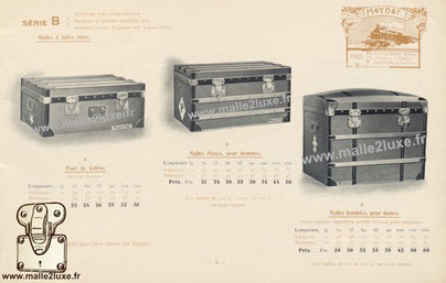 Series B : Beech slatted trunk  Exterior brown painted canvas. Black enamelled headband and hardware Copper lock. Iron handles. beech slats. For the cab, with a chassis Post trunk, for men , with two frames. Domed trunks, for ladies , with two frames, mov