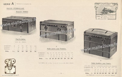 Series A: Packing trunk, black trunk Iron locks and handles For the cab, with a chassis Post trunk, for men , with two frames. Domed trunks, for ladies , with two frames, movable separation at the bottom for hat.