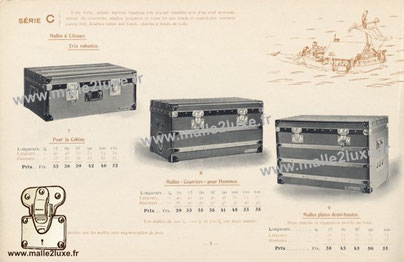 Series C : Very sturdy batten trunk.    Strong canvas, painted brown, black enamelled sheet steel band in one piece. Around the lid, angles, handles and corners iron on the bases and lids, locks, strong copper, double slats on the bases, canvas base frame