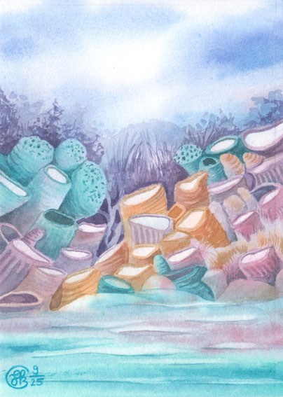 Türkisblau und in Lila gehaltene Korallen als Aquarellmotiv für eine Glückwunschkarte