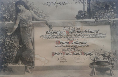 Jubileumsurkunde zum 25jährigen bestehen der Gärtnerei Pastanier aus Taucha 1927