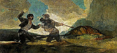 Fight with Cudgels — detail from the painting by Francisco Goya showing two men striking each other with clubs in a barren landscape, presenting violence as an endless and futile human action.