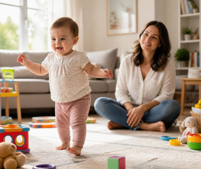 Ein Baby / Kleinkind, das seine ersten Schritte in einer vorbereiteten Umgebung macht und seine Mutter entspannt und dennoch aufmerksam daneben sitzt, symbolisch für einen liebevollen Umgang im Sinne von sicherer Bindung und bindungsbasierter Achtsamkeit.