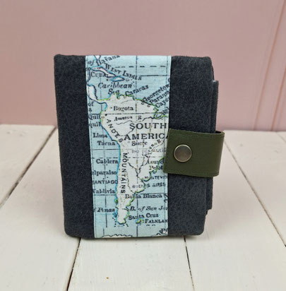 portefeuille compact pour homme, faux cuir anthracite, tissu bleu carte ou mappemonde, cadeau de Noël pour homme