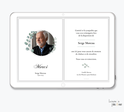 Carte de remerciements décès -Carte de remerciements décès digital-Carte de remerciements décès numérique-Carte de remerciements à envoyer par mms-par mail-réseaux sociaux-whatsapp-facebook-messenger-couronne-eucalyptus-vegetal-deuil-defunt