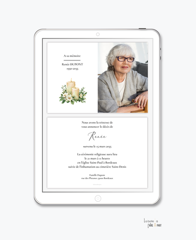 faire-part décès -faire part décès digital-faire-part décès numérique-faire-part à envoyer par mms-par mail-réseaux sociaux-whatsapp-facebook-messenger-fleurs-bougies-marguerite-végétal-deuil-mort