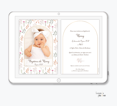 faire-part baptême numérique-faire part baptême digital-faire part numérique-electronique -faire-part à envoyer par mms-par mail-réseaux sociaux-whatsapp-facebook-messenger-arche-doré-photo-elegant-raffiné-chic-fleur-floral