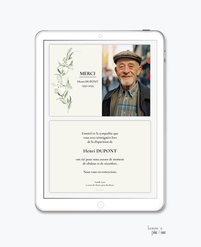 Carte de remerciements décès-Carte de remerciements décès digital-Carte de remerciements décès numérique-Carte de remerciements à envoyer par mms-par mail-réseaux sociaux-whatsapp-facebook-messenger-Lys-fleurs-photo-deuil-mort